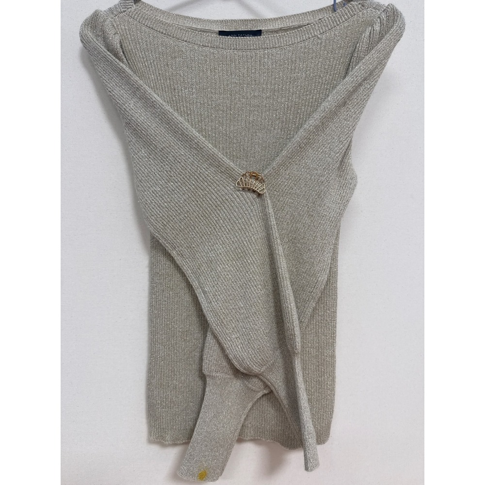 Ann Taylor Metallic Ribbed Boat Neck Puff Sleeve Sweater Gold Small